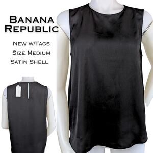 NEW Banana Republic Shell Top Medium Black Satin Sleeveless Minimalist Classic